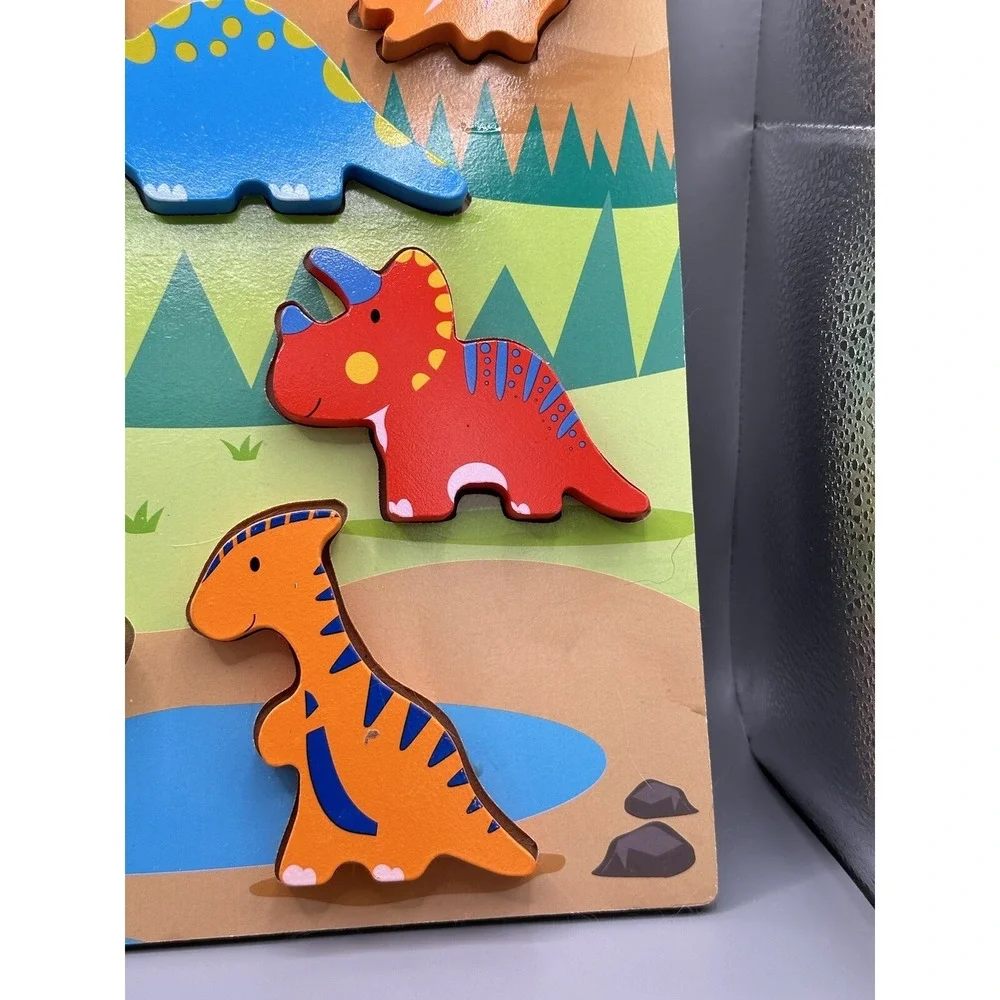 Wooden Arts Raised Chunky Dinosaurs Preschool 8 Pieces Wood TRAY Puzzle Colorful